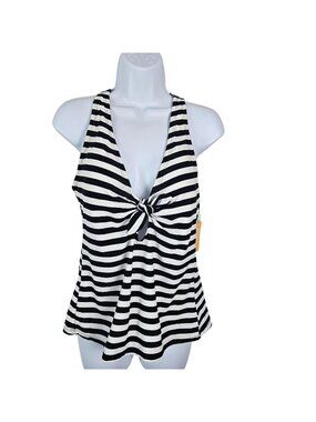 Womens Large Striped Racerback Tankini Top Front Tie Detail Swimwear Beach Pool